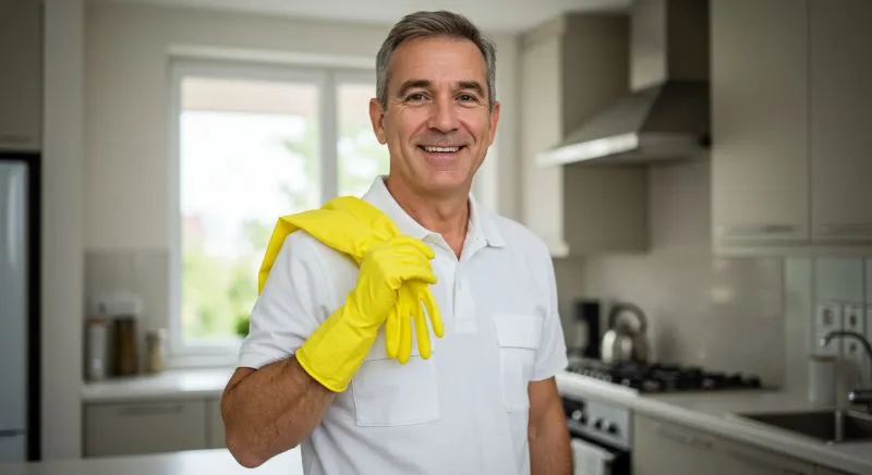 Cleaning professional ready with cleaning supplies for business.