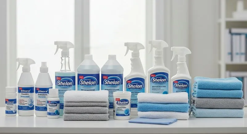 Cleaning supplies for cleaning business with sprays and microfiber towels.
