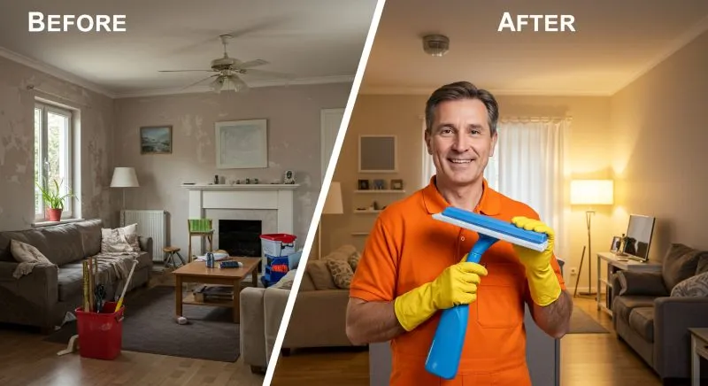 Cleaning advertisement: before and after transformation with cleaning service.