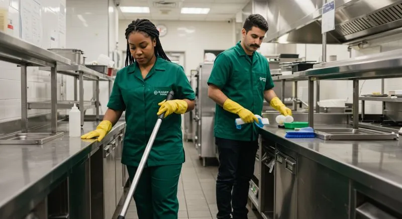Staff providing restaurant cleaning services in kitchen
