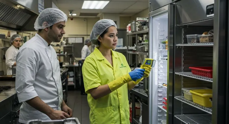 Restaurant cleaning services inspecting fridge safety